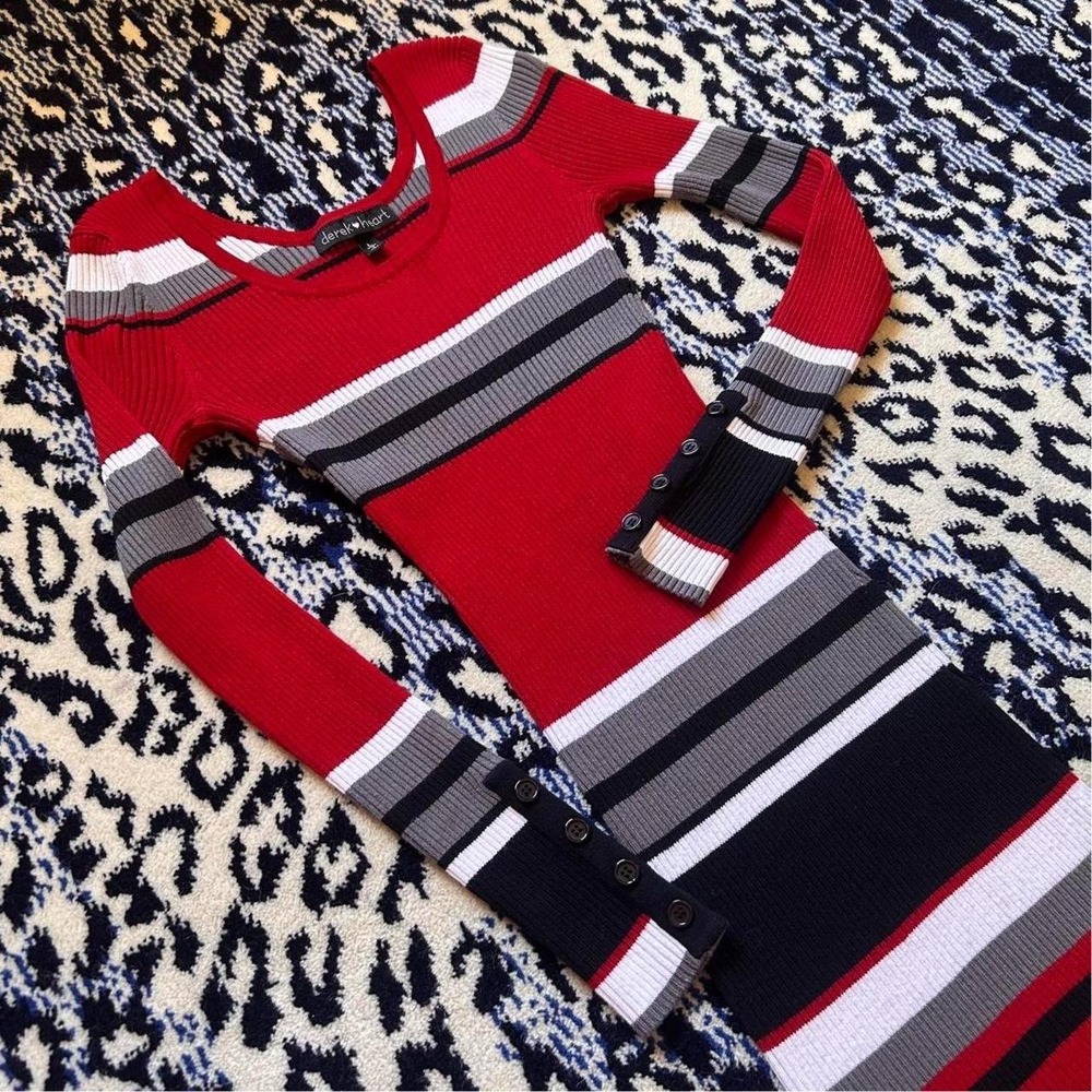 Derek Heart red, black, and white striped long sleeve dress with buttons size L